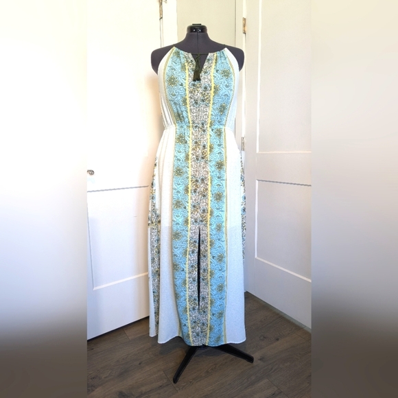 Mi Ami Womens Maxi Dress Plus Size XL Halter Neckline Floral Turquoise Yellow - Picture 1 of 8